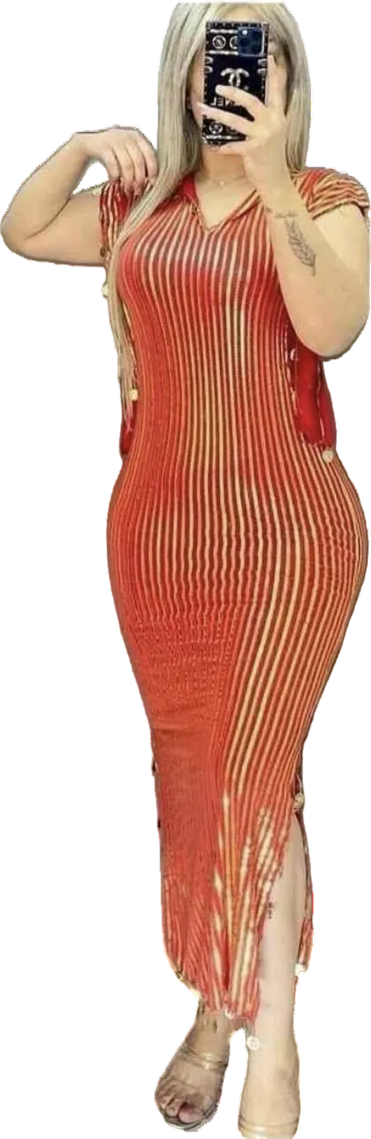 Woman wearing a red ribbed dress with cut-out shoulders on a white background