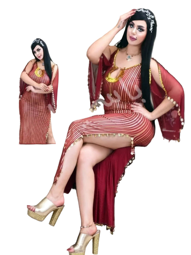 A woman wearing an Egyptian belly dance dress with black and silver stripes and embroidery, featuring a V-neckline and sleeveless design.
