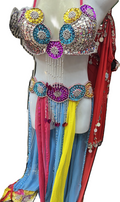 A professional belly dance costume featuring a multicolored bra and belt with attached skirt and small tulle scarf for the shoulders, displayed on a mannequin.