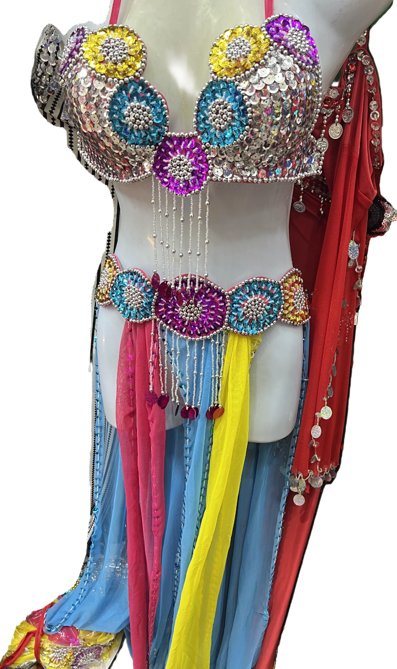 A professional belly dance costume featuring a multicolored bra and belt with attached skirt and small tulle scarf for the shoulders, displayed on a mannequin.