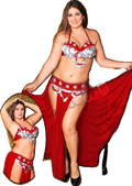 A professional belly dance costume including a belt, skirt, and bra, featured in red with embroidery and a flowing skirt.