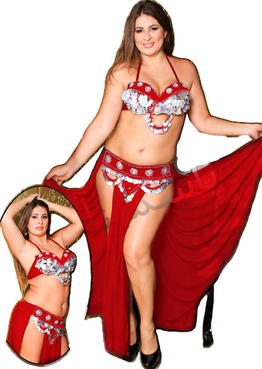 A professional belly dance costume including a belt, skirt, and bra, featured in red with embroidery and a flowing skirt.