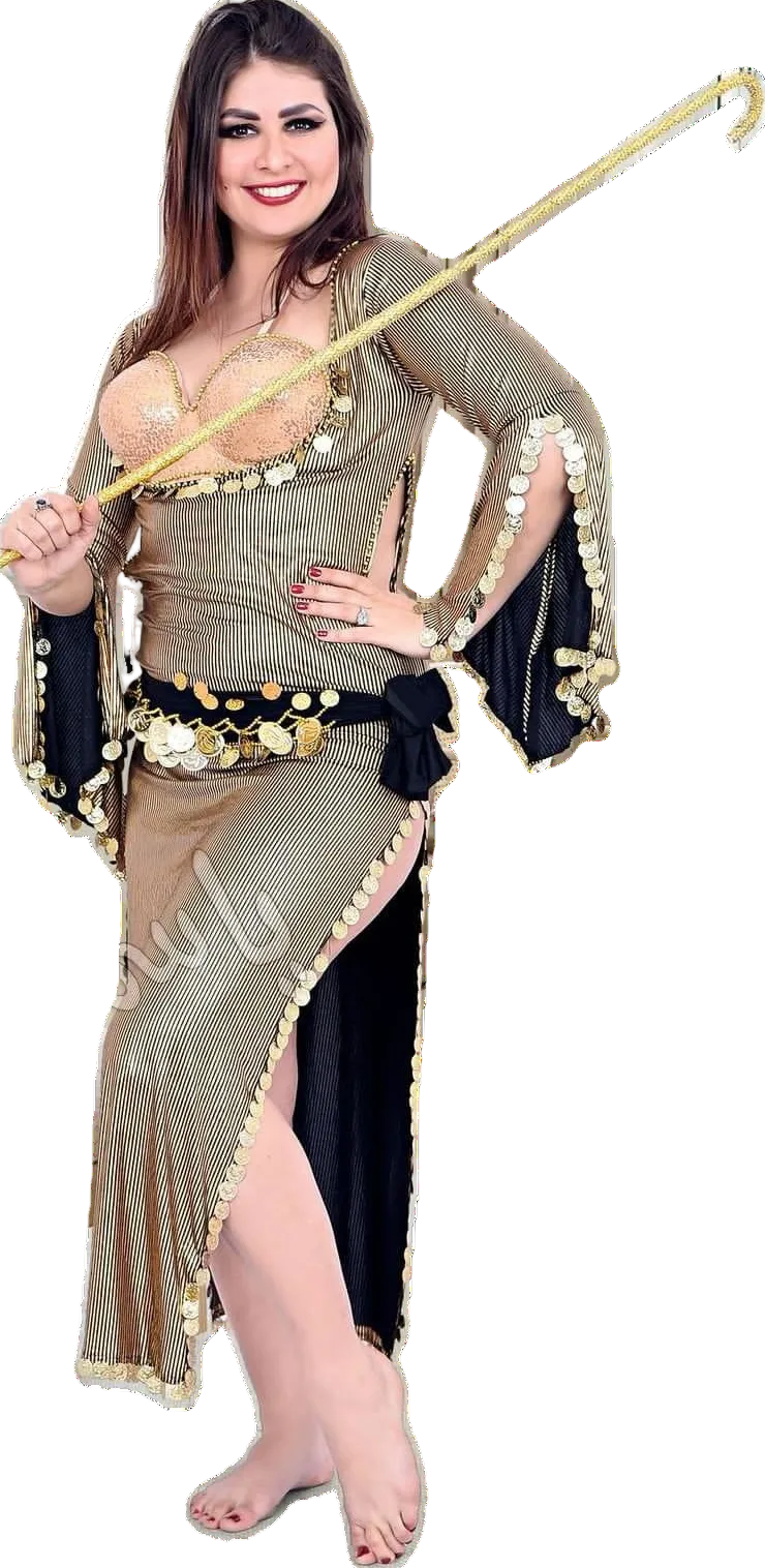 Woman in a belly dance costume with a staff on a white background