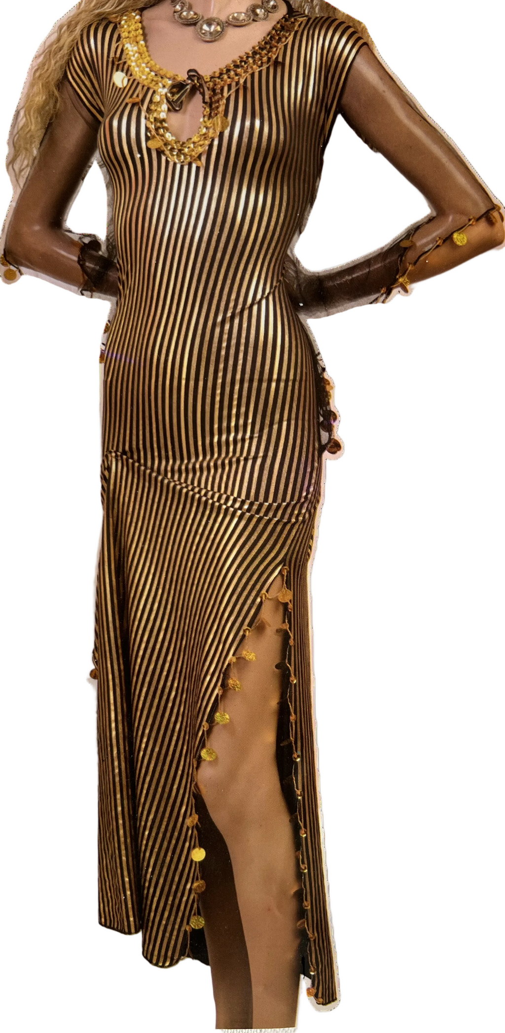 Gold and black striped dress with a high slit on a white background