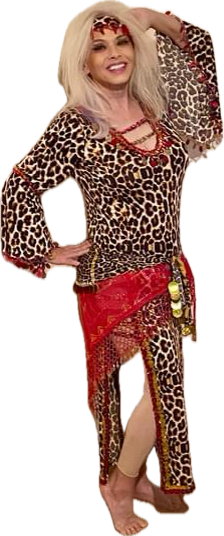 A person wearing an Egyptian leopard print belly dance dress with side slits, designed in a Saidi Galabia style.