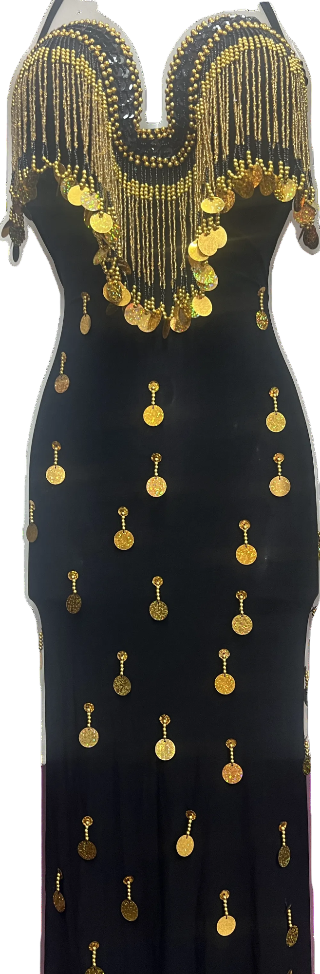 A black belly dance costume with handmade embroidered details and large sequins, featuring a V-neck neckline and sleeveless design.
