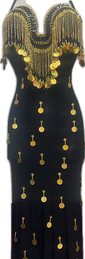 A black belly dance costume with handmade embroidered details and large sequins, featuring a V-neck neckline and sleeveless design.