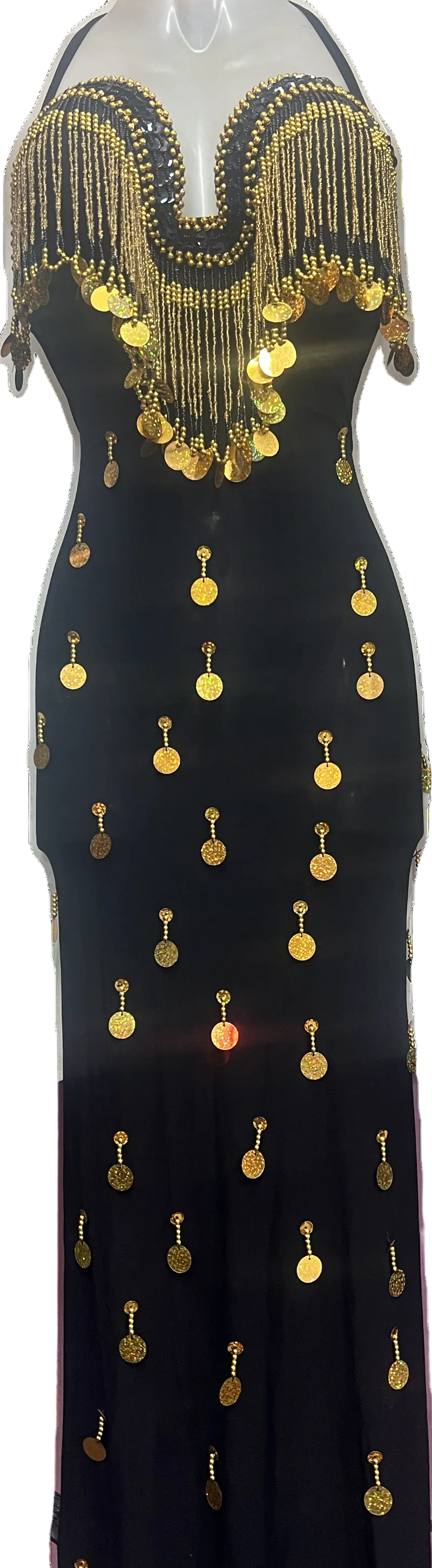 Black evening gown with gold embellishments on a white background