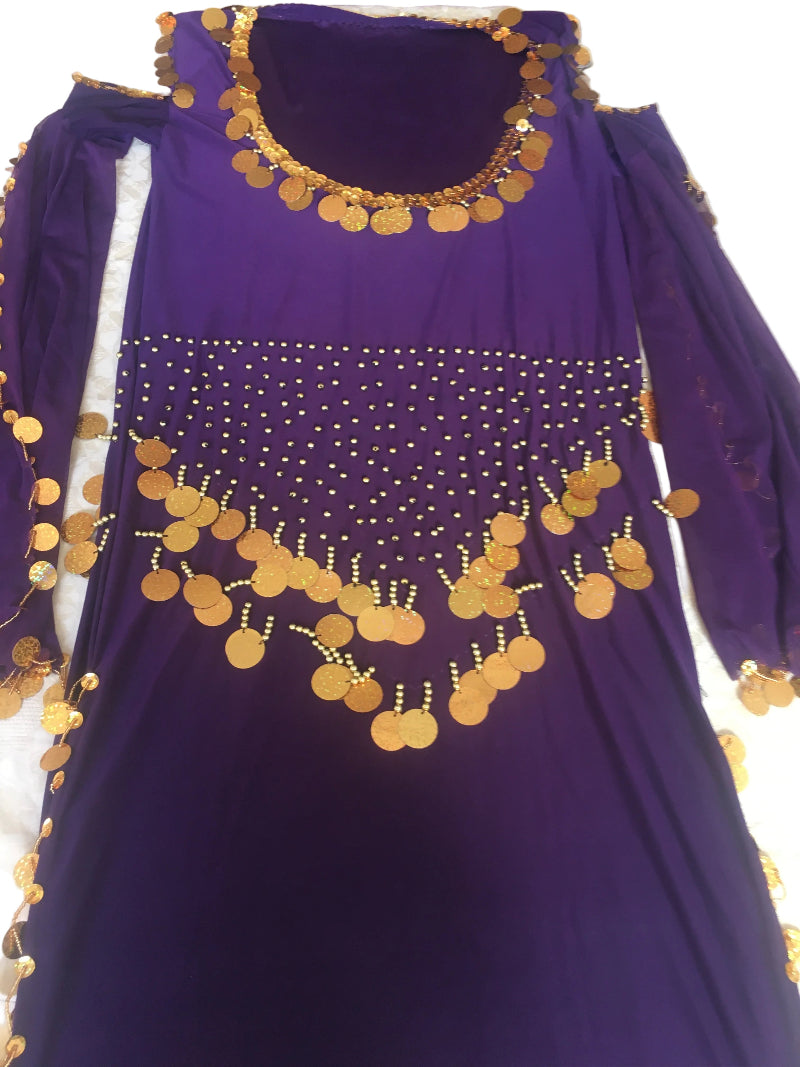 A purple belly dance dress with gold embroidery and a flowing abaya.