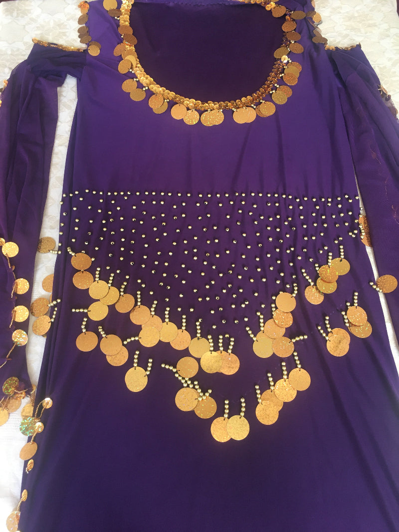 A purple belly dance dress with gold embroidery and a flowing abaya.