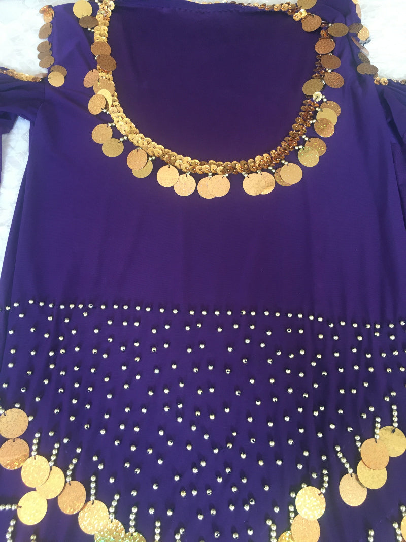 A purple belly dance dress with gold embroidery and a flowing abaya.