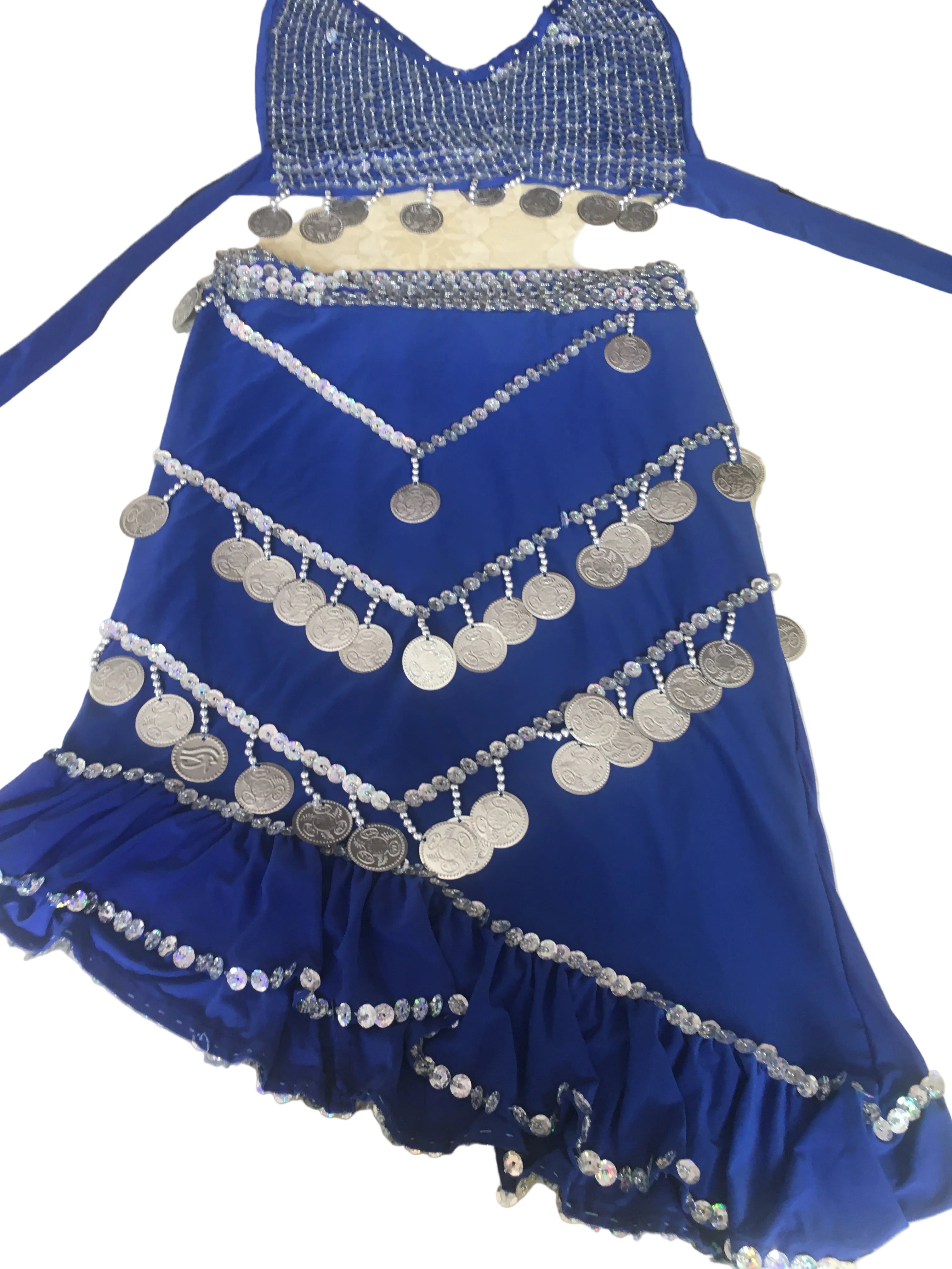 A blue belly dance outfit with handmade beaded embellishments and a floral design on the skirt, laid out on a surface.