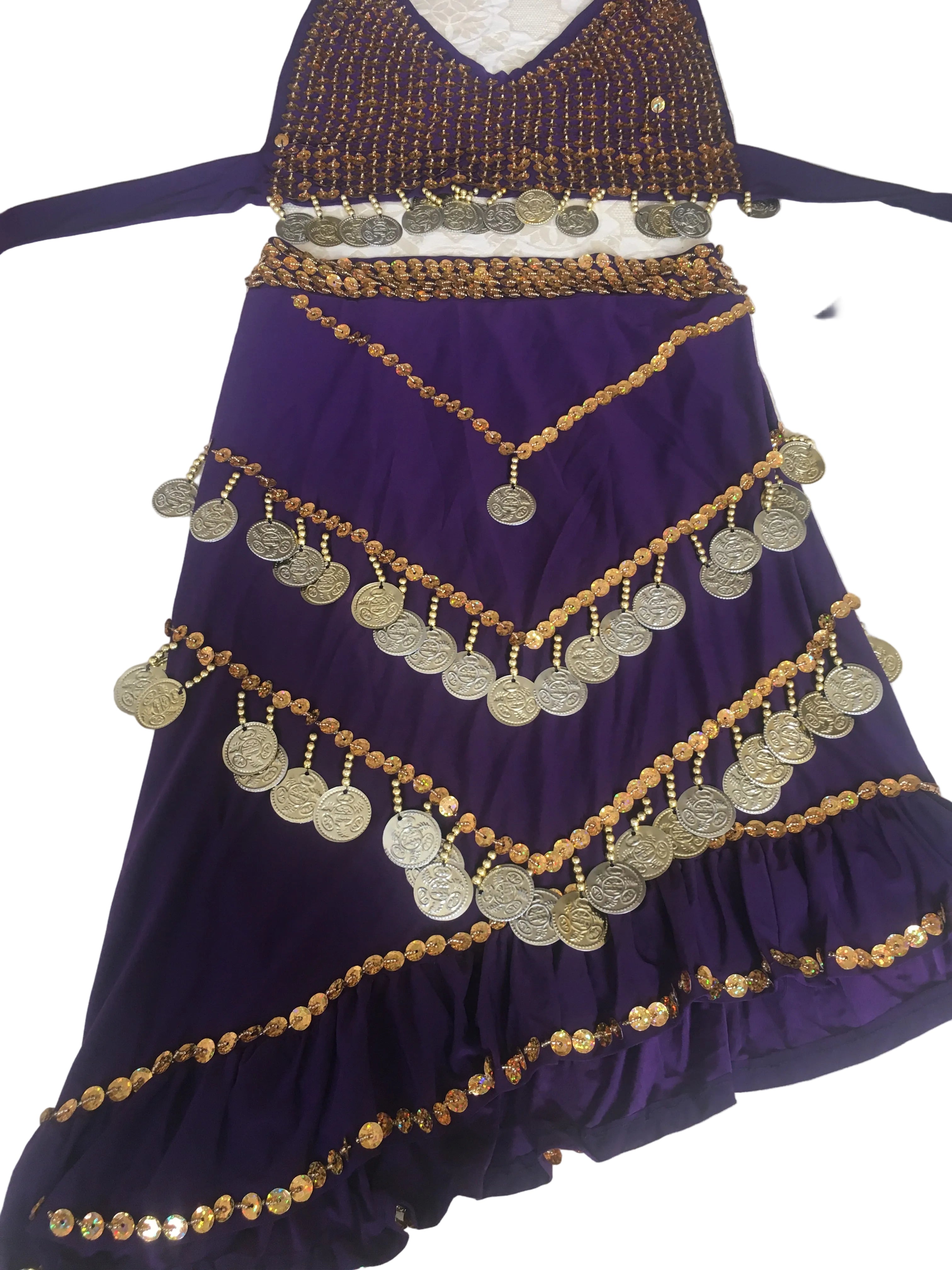 Purple garment with gold and silver coin embellishments on a textured white surface