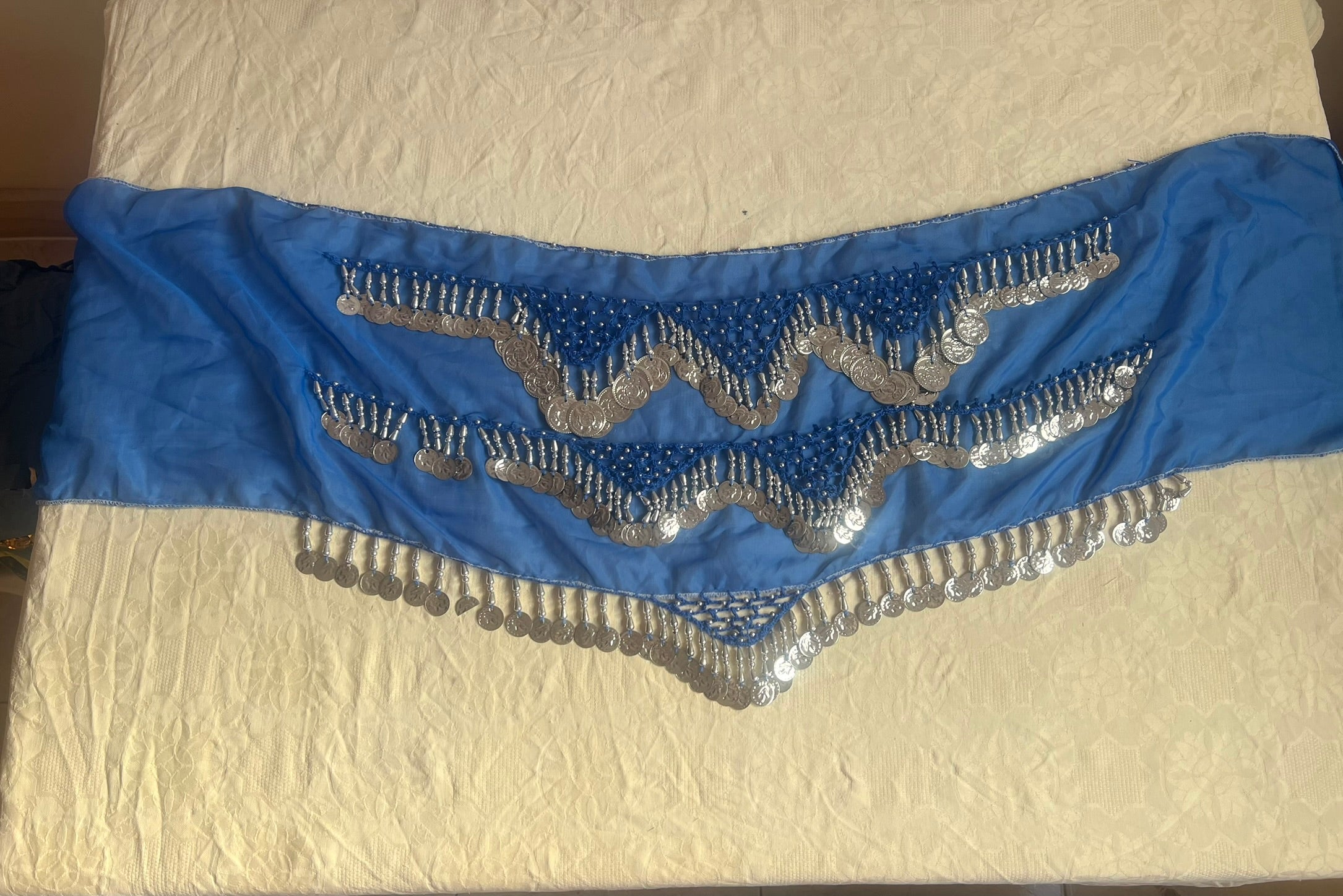 Egyptian Sexy elegant blue handmade belly dance hip scarf, Women’s dancing wrap, embroidered dance belt 150 cm length, 30 cm width.