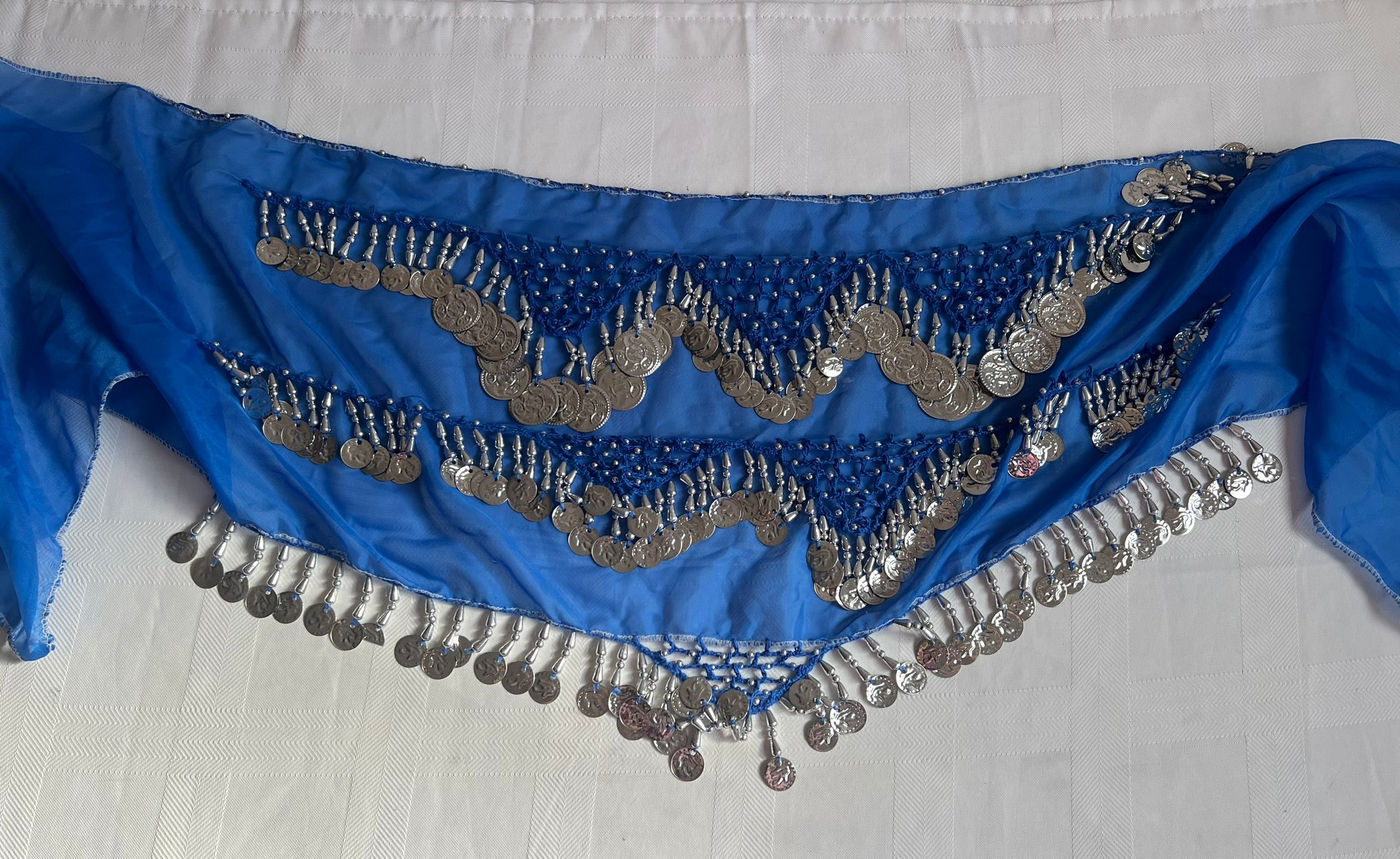 Egyptian Sexy elegant blue handmade belly dance hip scarf, Women’s dancing wrap, embroidered dance belt 150 cm length, 30 cm width.