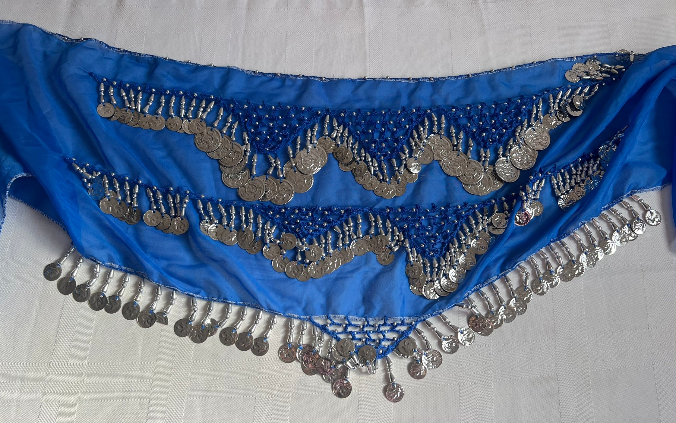 Egyptian Sexy elegant blue handmade belly dance hip scarf, Women’s dancing wrap, embroidered dance belt 150 cm length, 30 cm width.