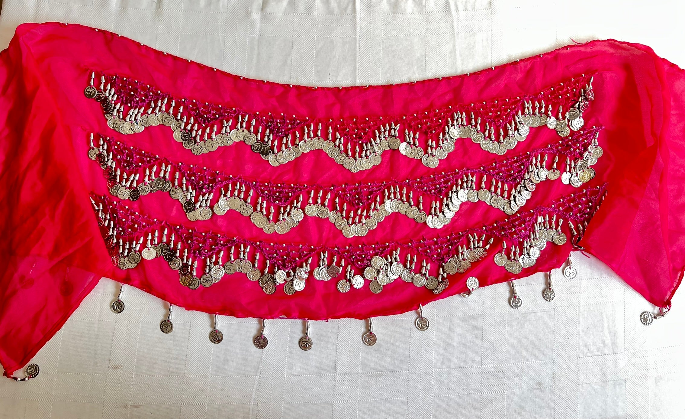 Egyptian Sexy hot pink handmade belly dance hip scarf, Women’s dancing wrap, embroidered dance belt 150 cm length, 30 cm width.