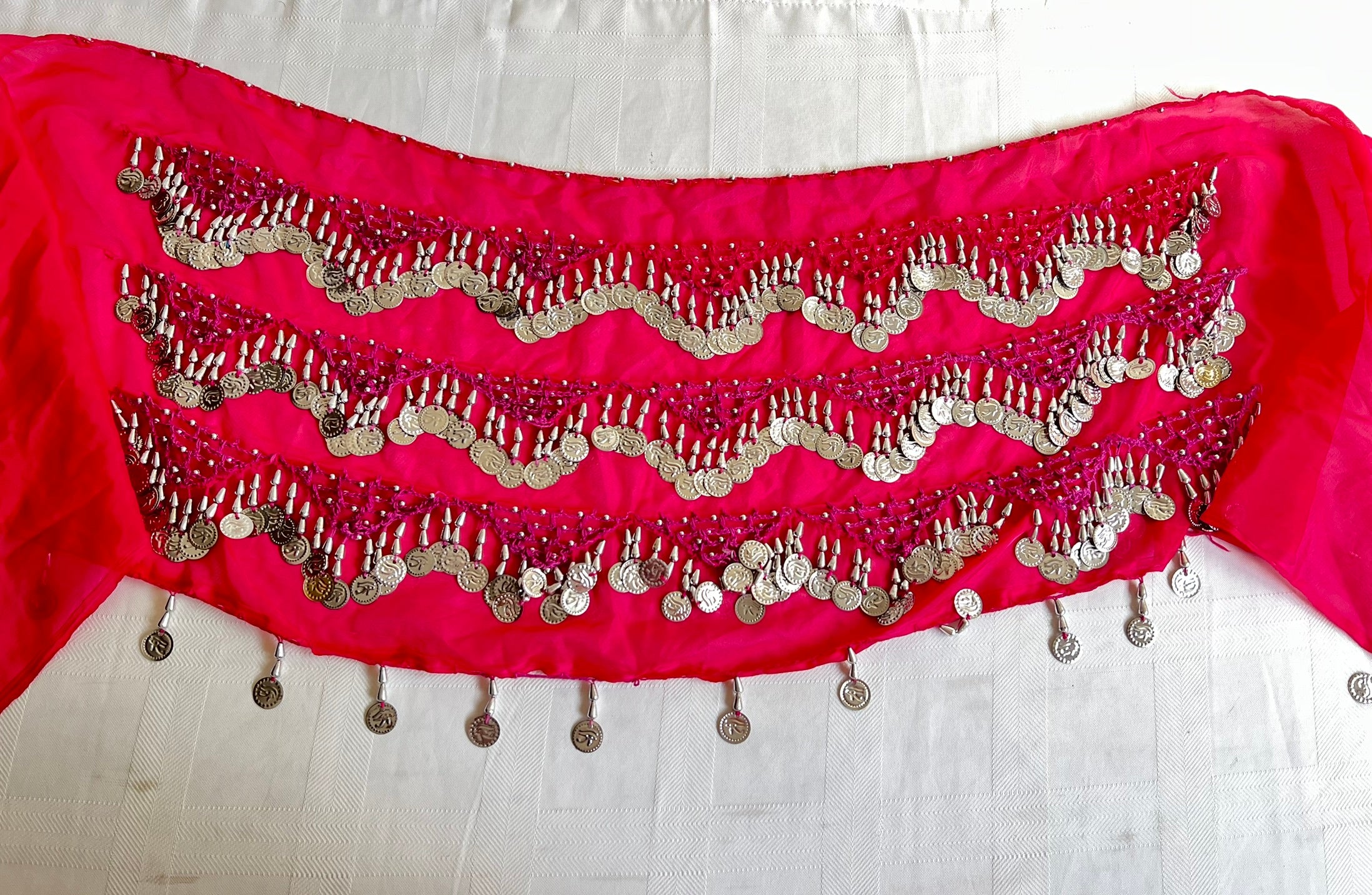 Egyptian Sexy hot pink handmade belly dance hip scarf, Women’s dancing wrap, embroidered dance belt 150 cm length, 30 cm width.