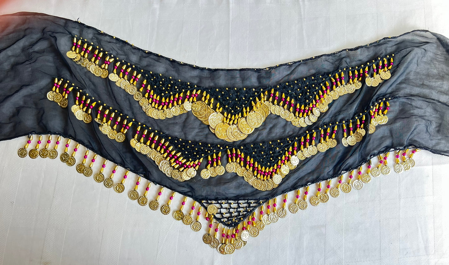 Egyptian Sexy Black-gold handmade belly dance hip scarf, Women’s dancing wrap, embroidered dance belt 150 cm length, 30 cm width.