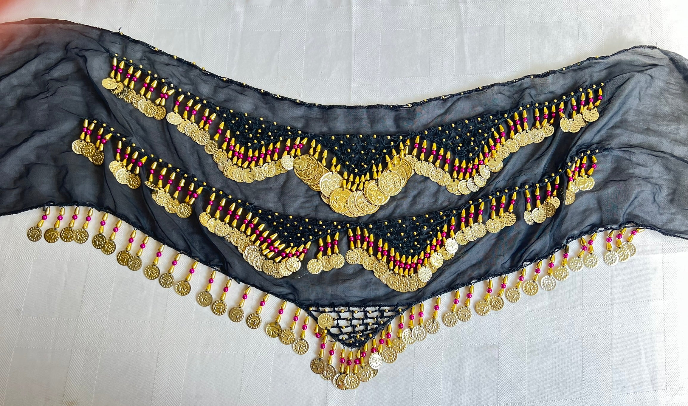 Egyptian Sexy Black-gold handmade belly dance hip scarf, Women’s dancing wrap, embroidered dance belt 150 cm length, 30 cm width.