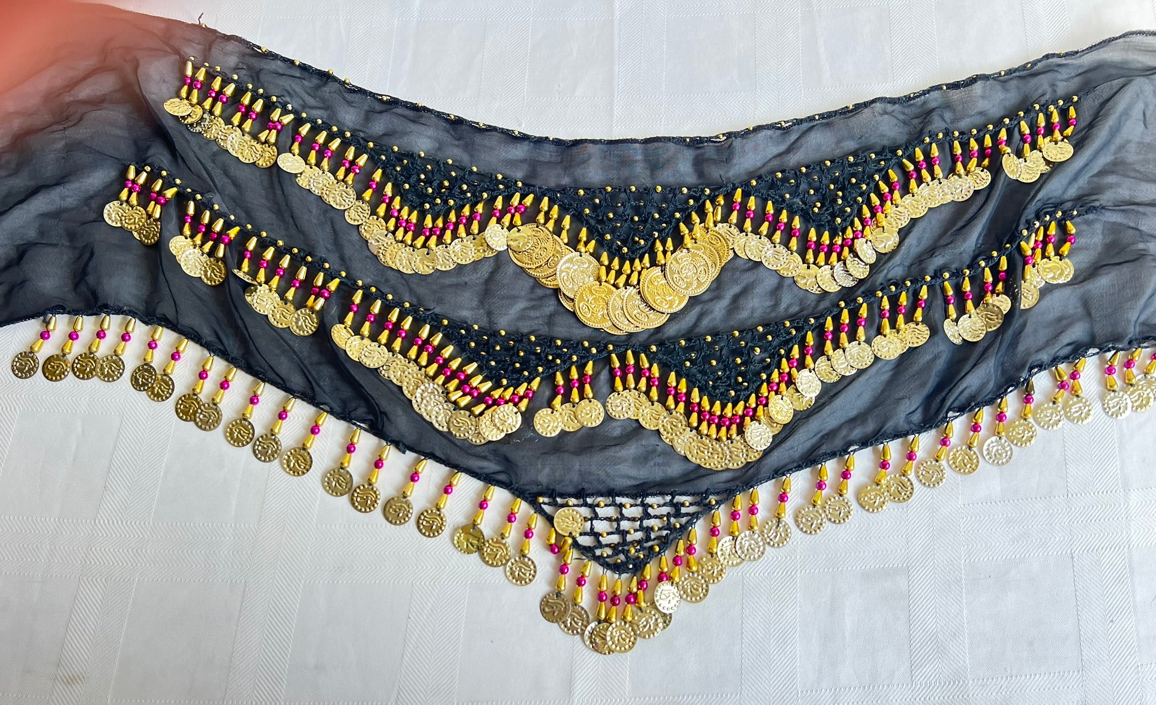 Egyptian Sexy Black-gold handmade belly dance hip scarf, Women’s dancing wrap, embroidered dance belt 150 cm length, 30 cm width.