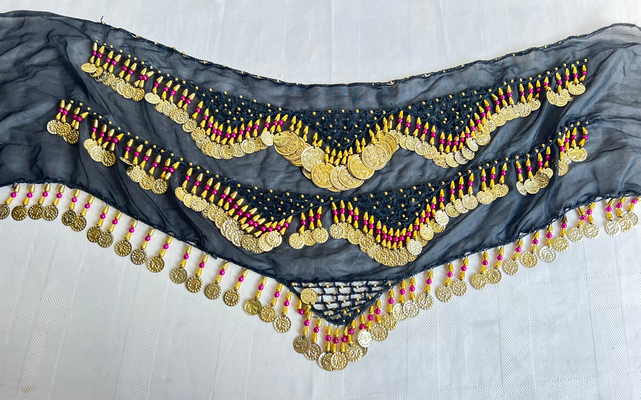 Egyptian Sexy Black-gold handmade belly dance hip scarf, Women’s dancing wrap, embroidered dance belt 150 cm length, 30 cm width.