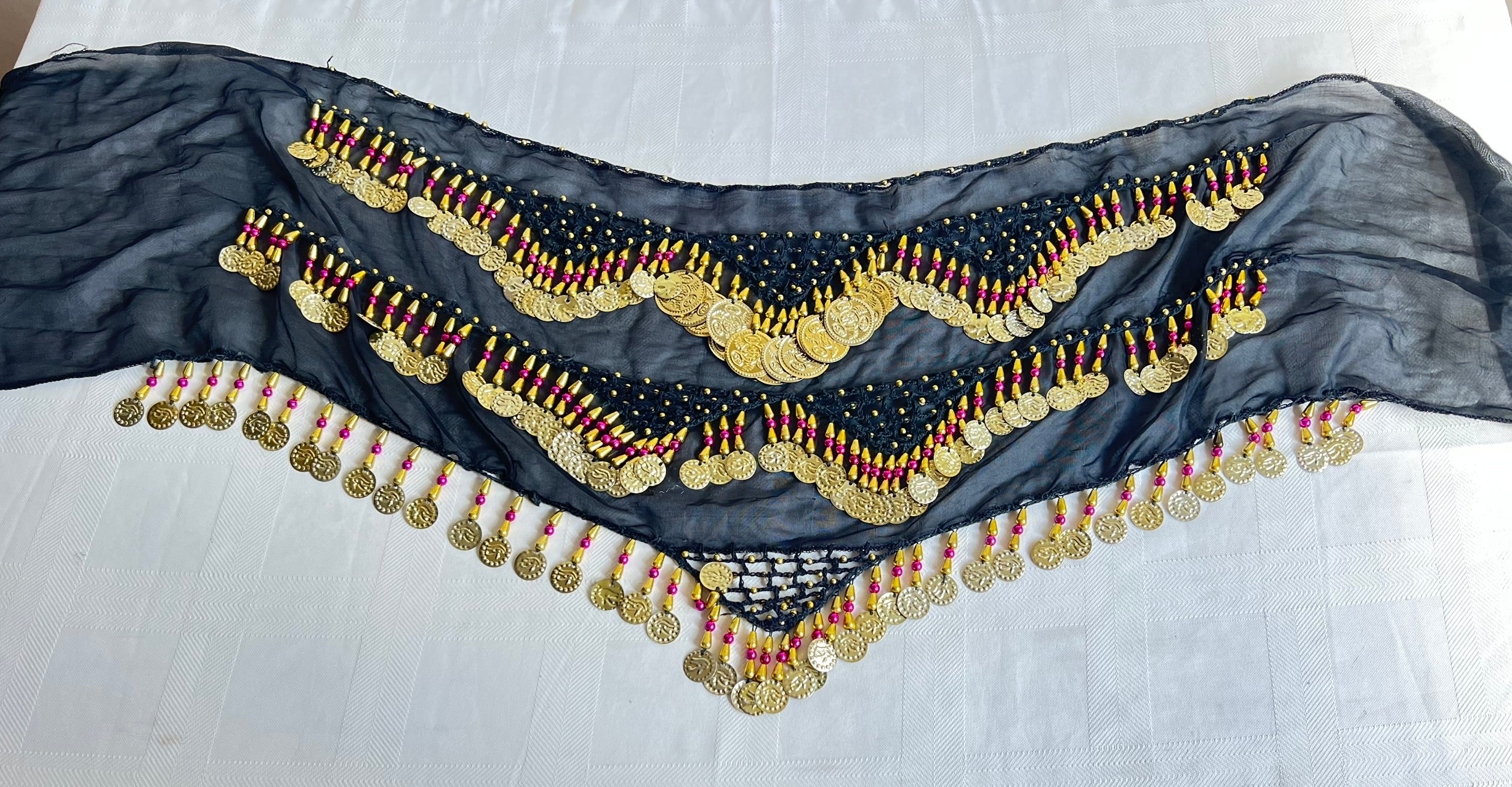 Egyptian Sexy Black-gold handmade belly dance hip scarf, Women’s dancing wrap, embroidered dance belt 150 cm length, 30 cm width.