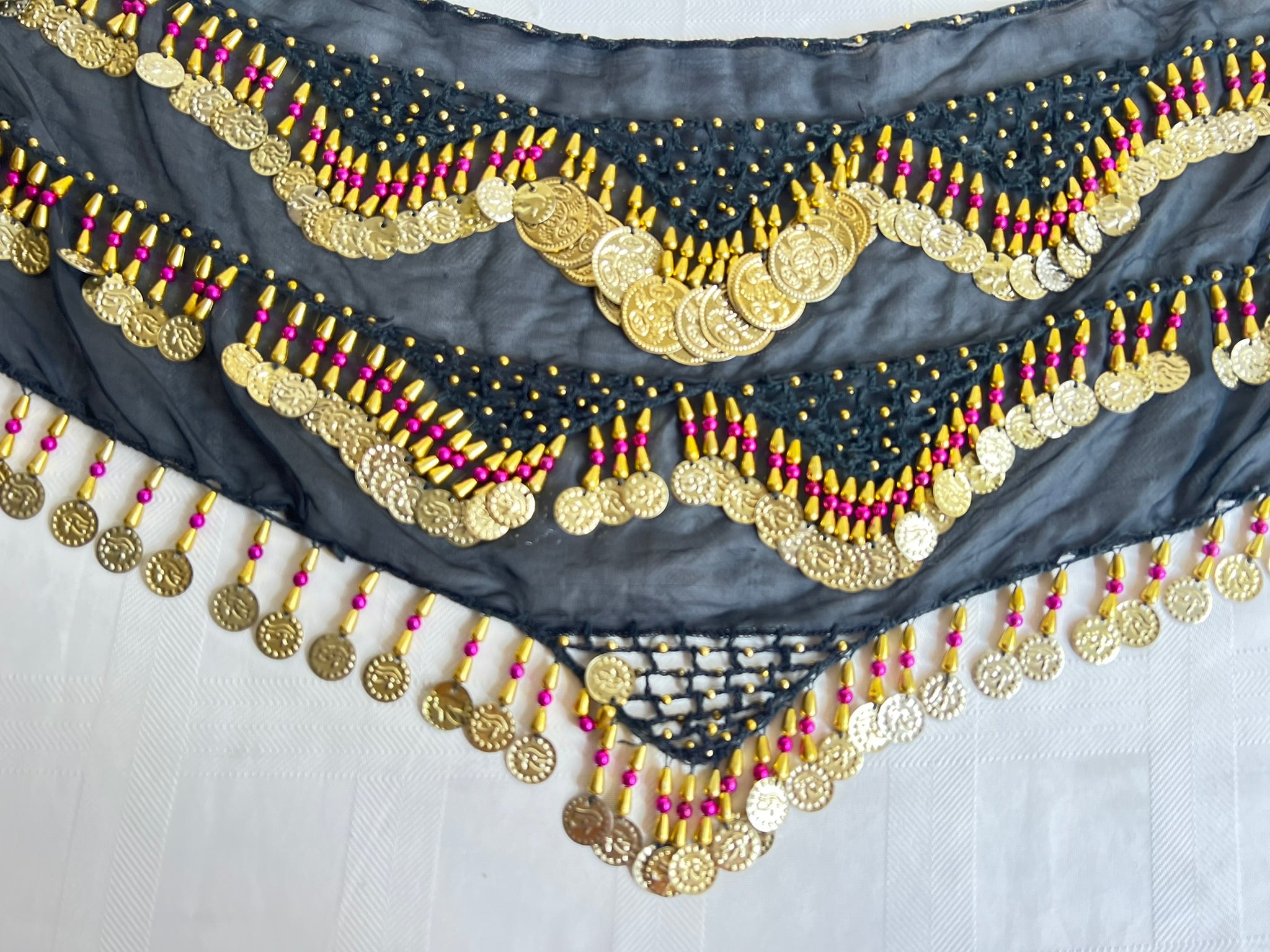 Egyptian Sexy Black-gold handmade belly dance hip scarf, Women’s dancing wrap, embroidered dance belt 150 cm length, 30 cm width.
