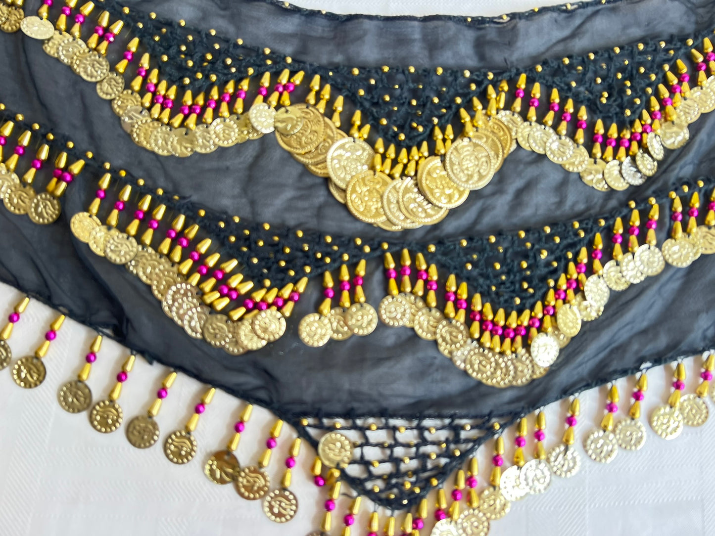 Egyptian Sexy Black-gold handmade belly dance hip scarf, Women’s dancing wrap, embroidered dance belt 150 cm length, 30 cm width.