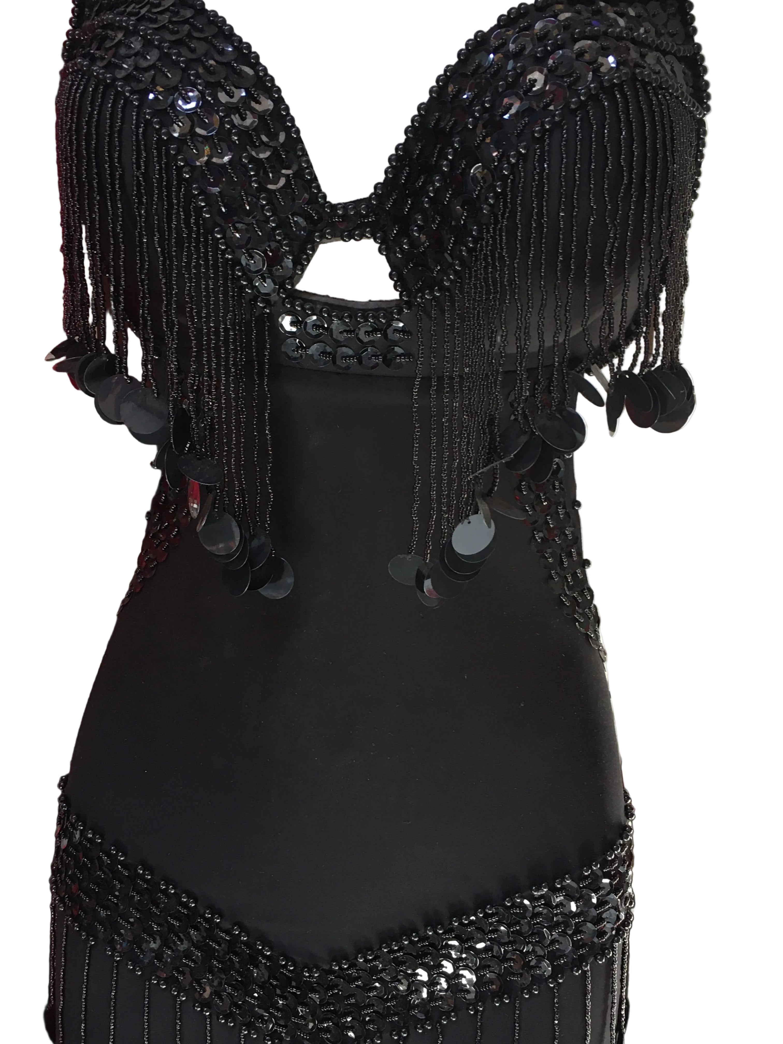 Black beaded top with fringe details on a white background