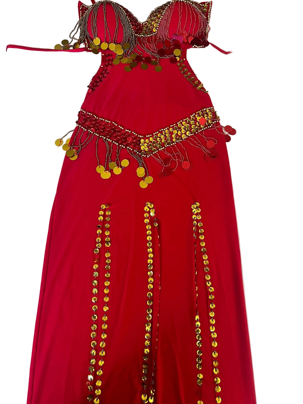 A red belly dance costume with handmade beaded details and a sequined skirt, displayed flat on a white surface.