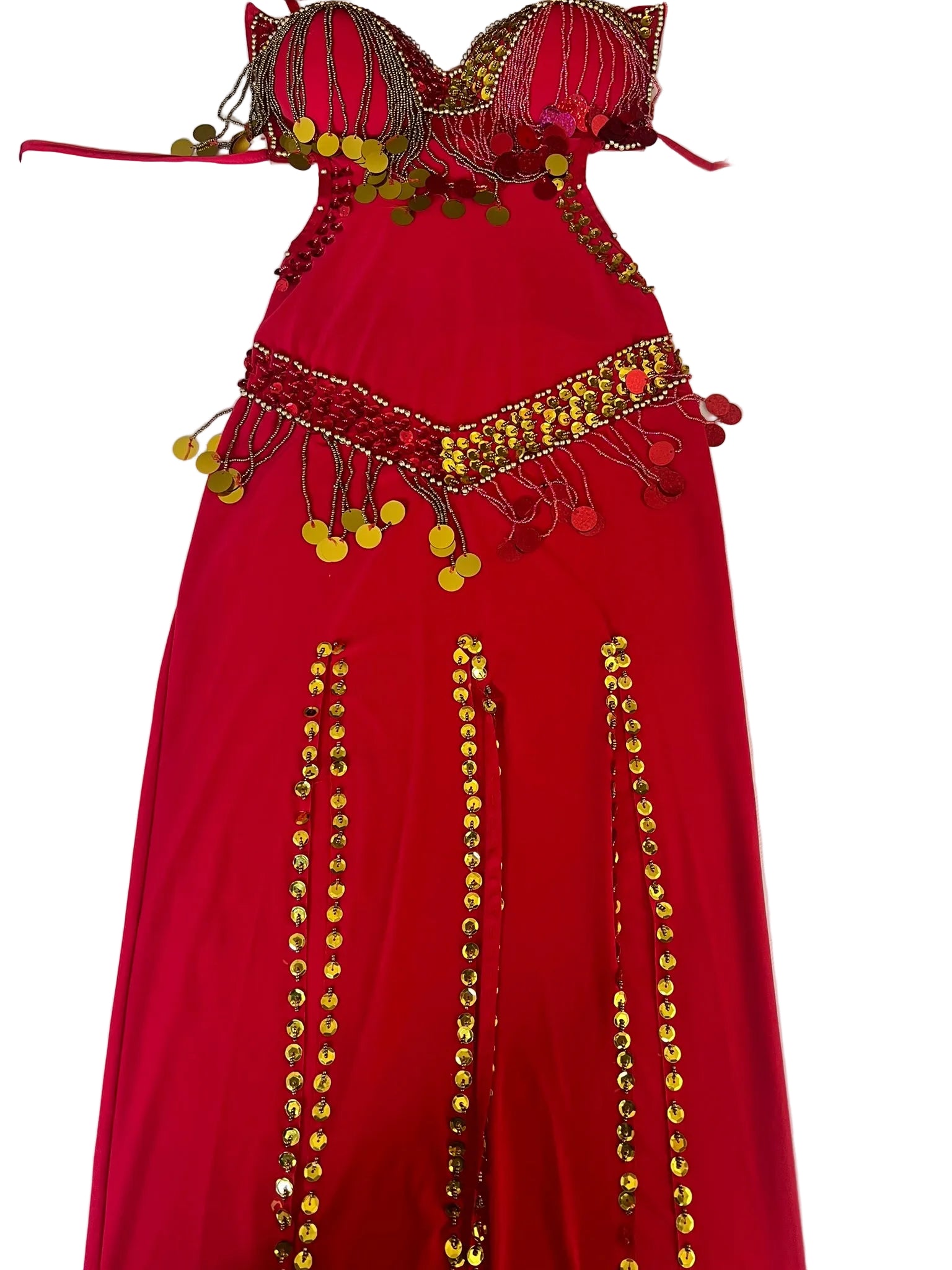 A red belly dance costume with handmade beaded details and a sequined skirt, displayed flat on a white surface.