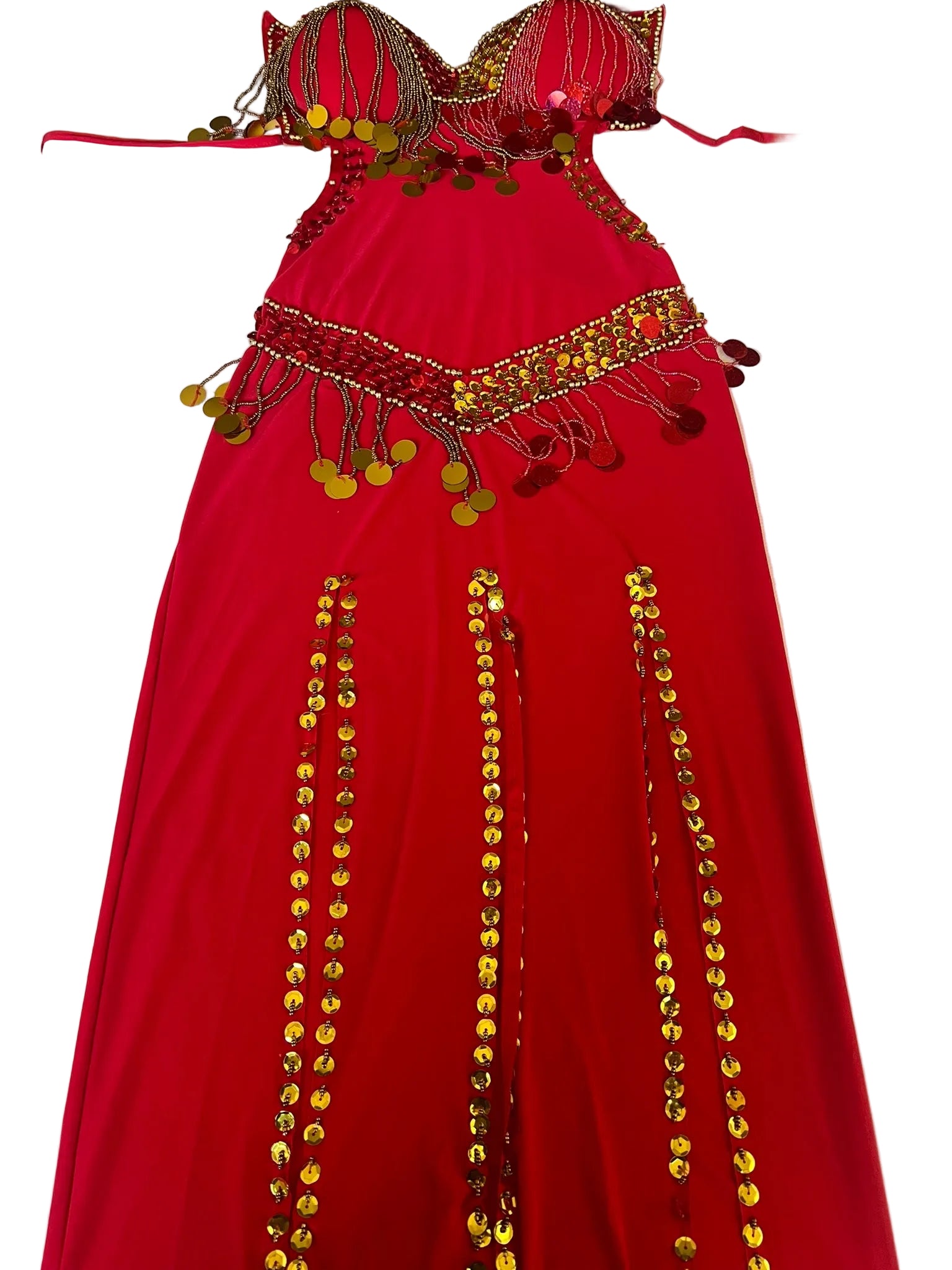 Red dress with gold embellishments on a white background