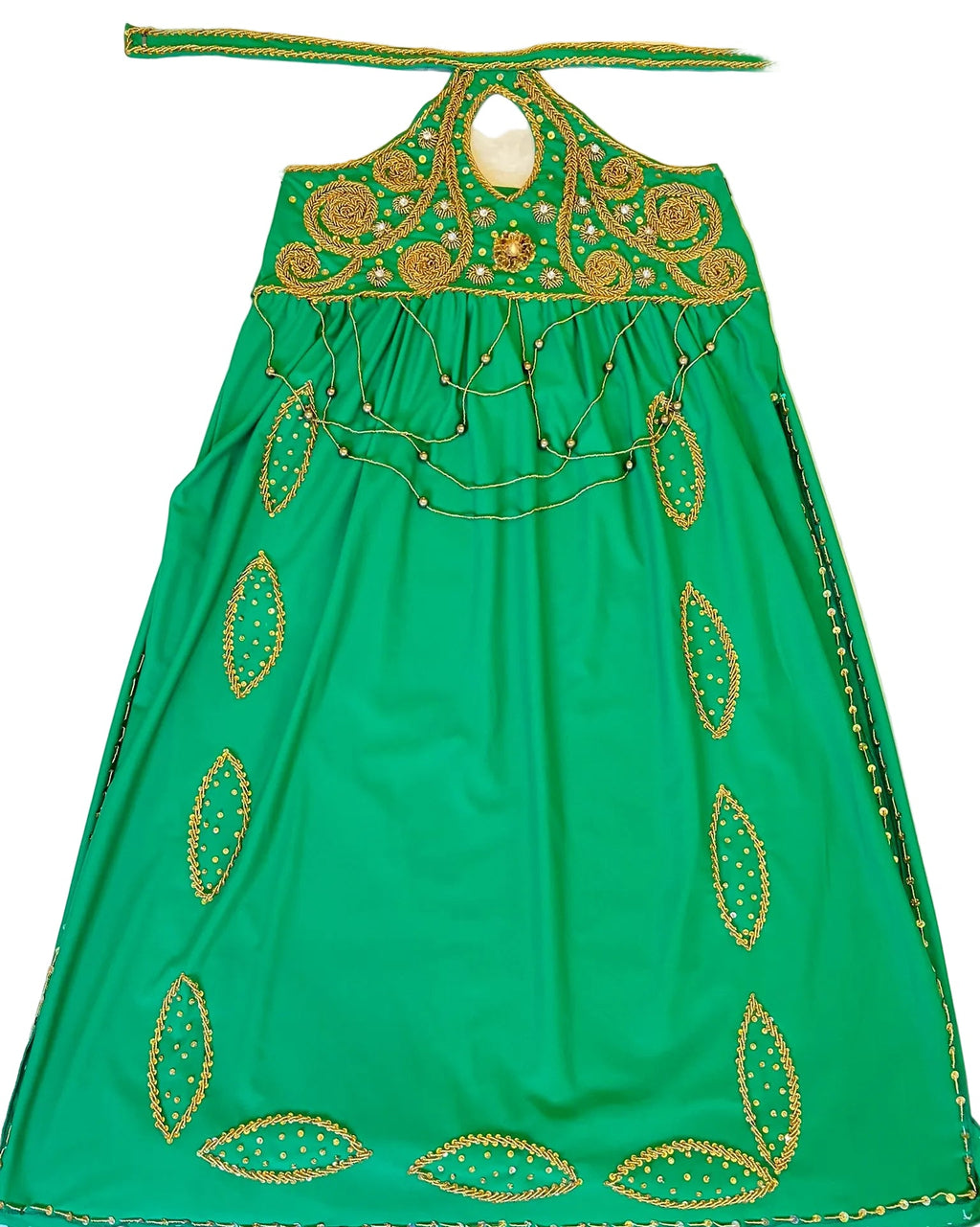 Green dress with gold embroidery on a white background