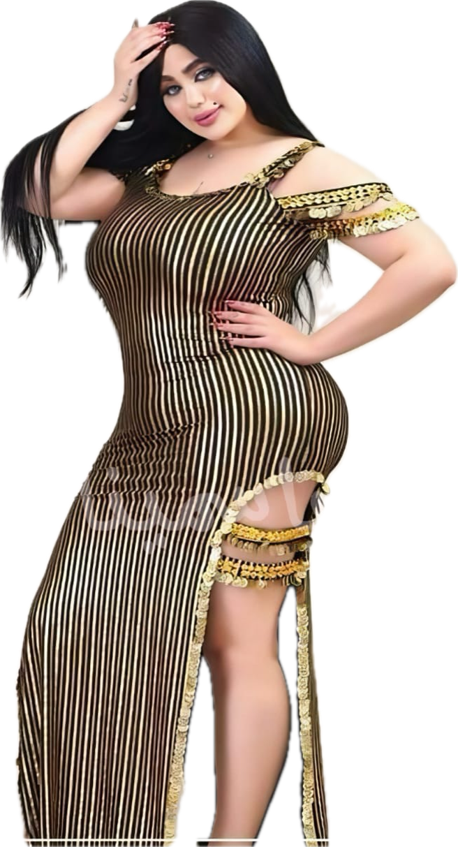 Plus Size Egyptian Belly Dance Dress – Black & Gold Saidi Style with Side Cutouts & Slits for Curvy Women
