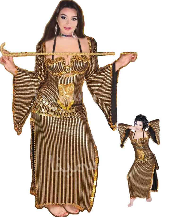 A woman modeling an Egyptian belly dance outfit with embellishments in gold, silver, and other colors, holding a bracelet, and an inset image showing the outfit from a different angle.