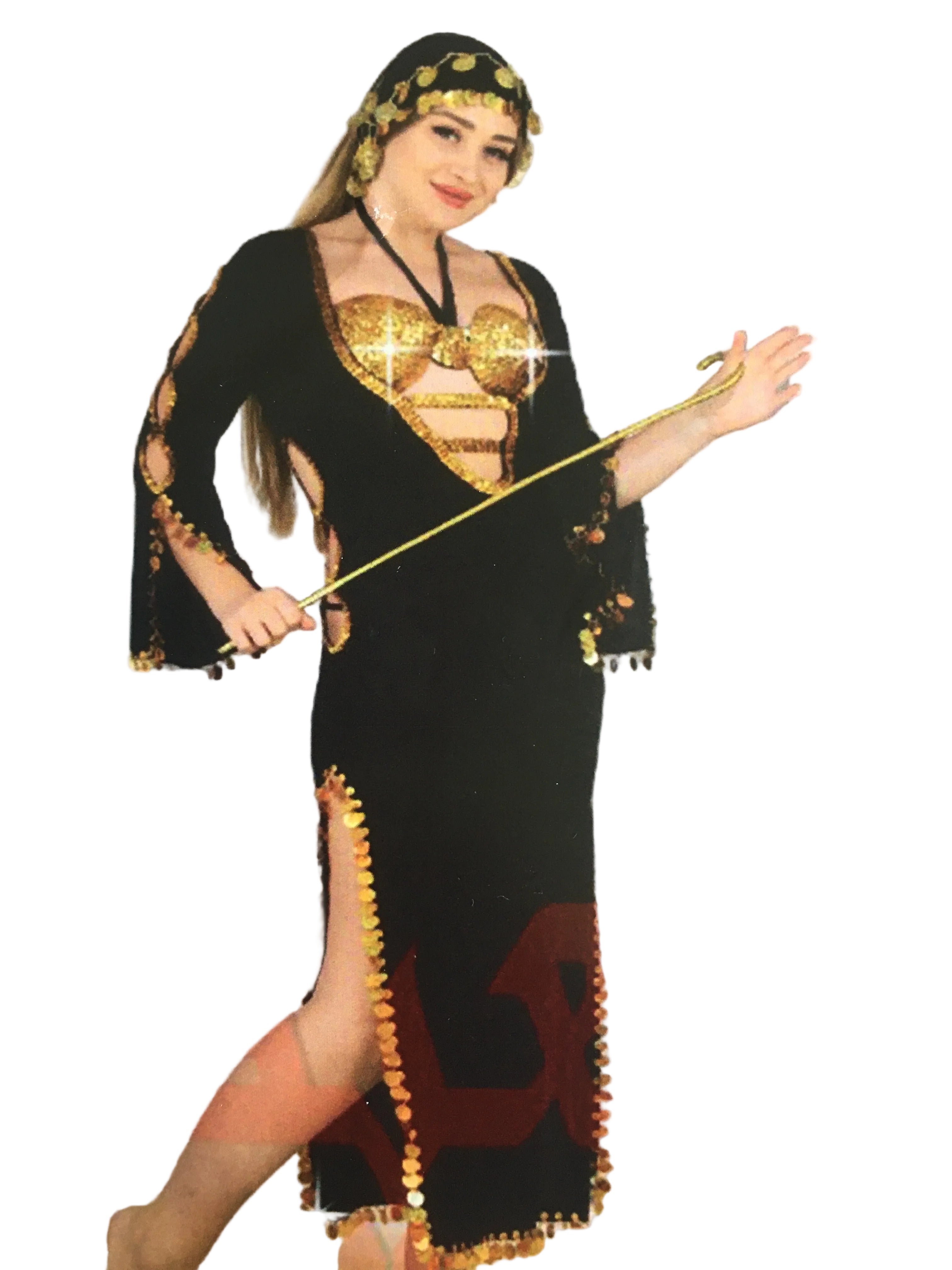 Woman in a black dress with gold accents lying on a tiled floor.