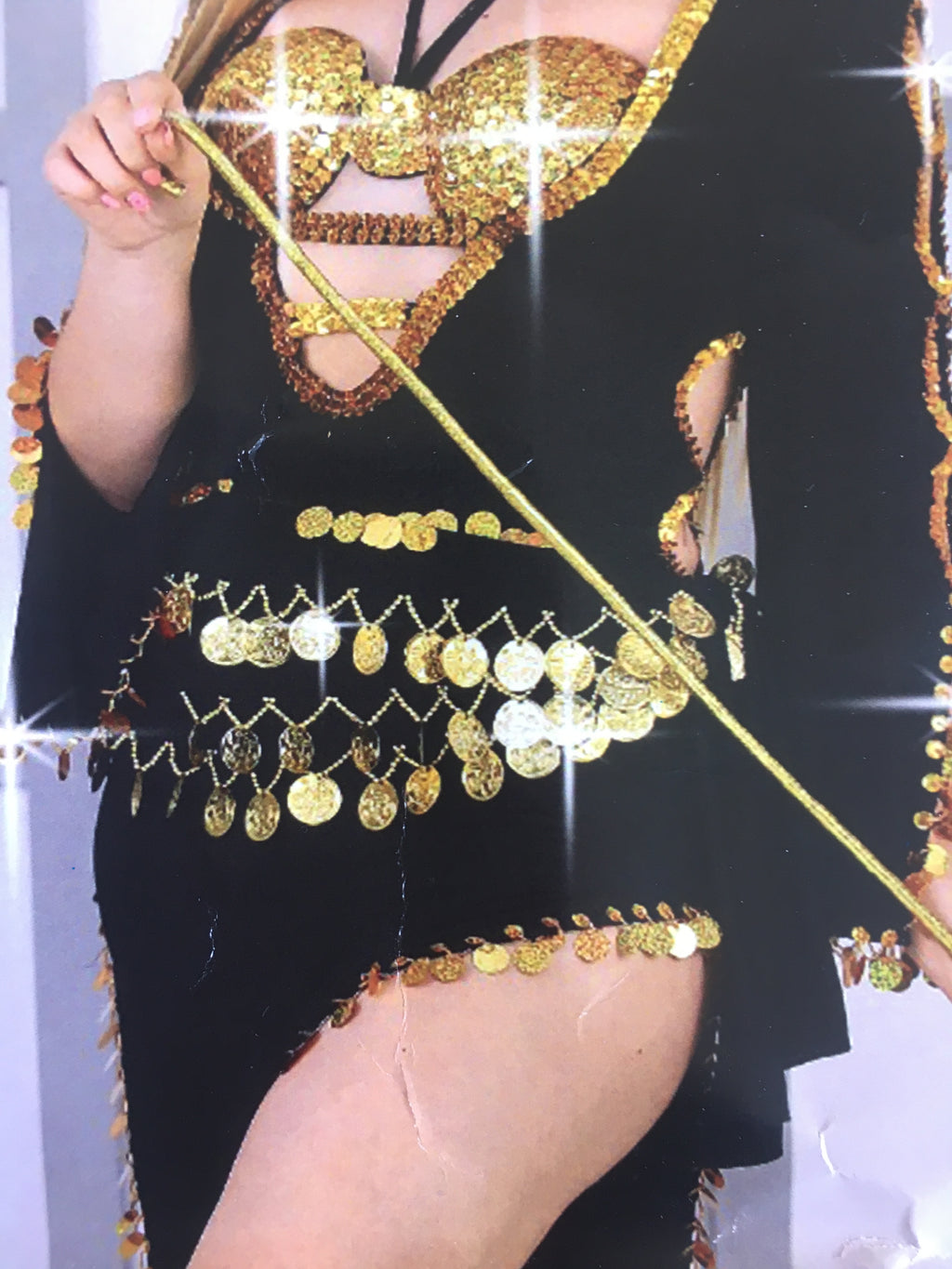 A person wearing an Egyptian belly dance costume with black and gold colors, including a bra and a long skirt, holding a wand, against a sparkling background.