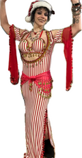 A person wearing a white and red belly dance dress with beadwork, including a bra and hip scarf.
