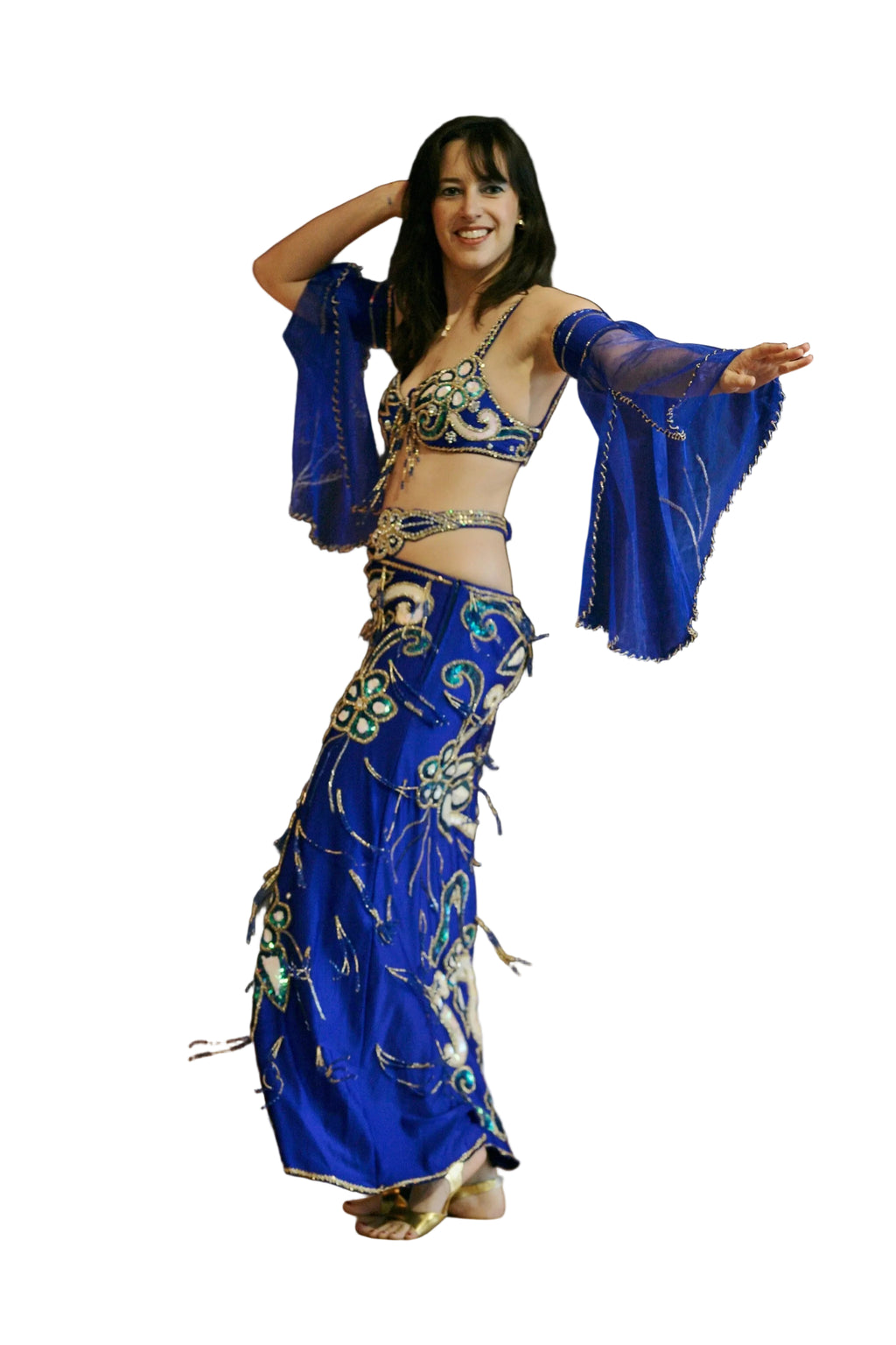 Woman in a blue belly dance costume on a white background
