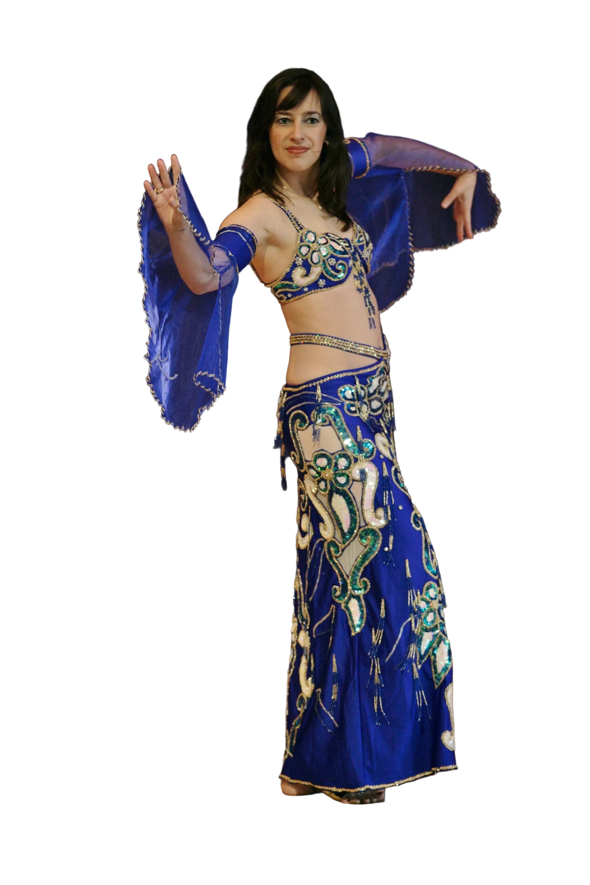 Woman wearing a blue and gold belly dance costume on a white background