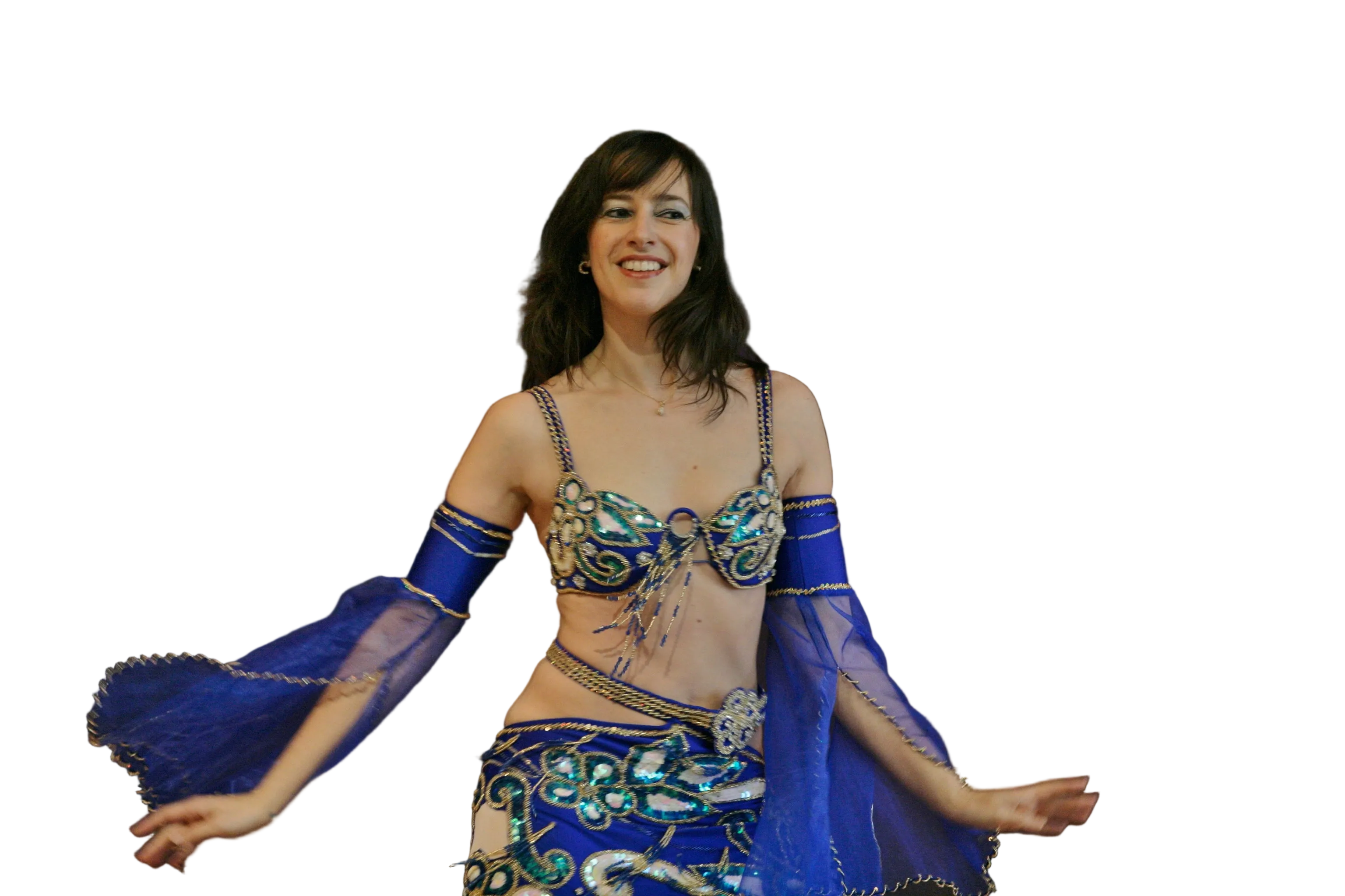 Woman in a belly dancing costume with blue and gold accents on a white background