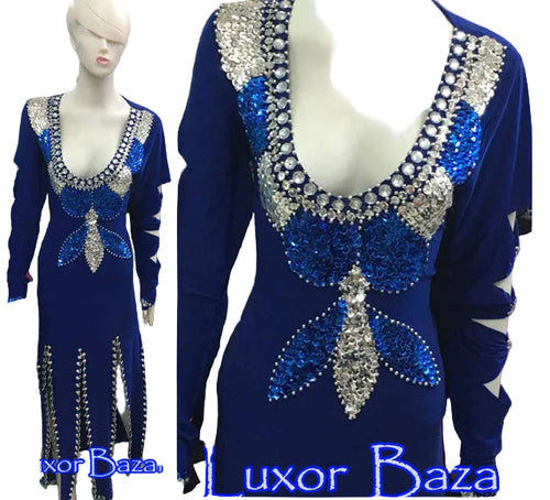 Blue evening gown with intricate silver and blue embellishments on a mannequin.