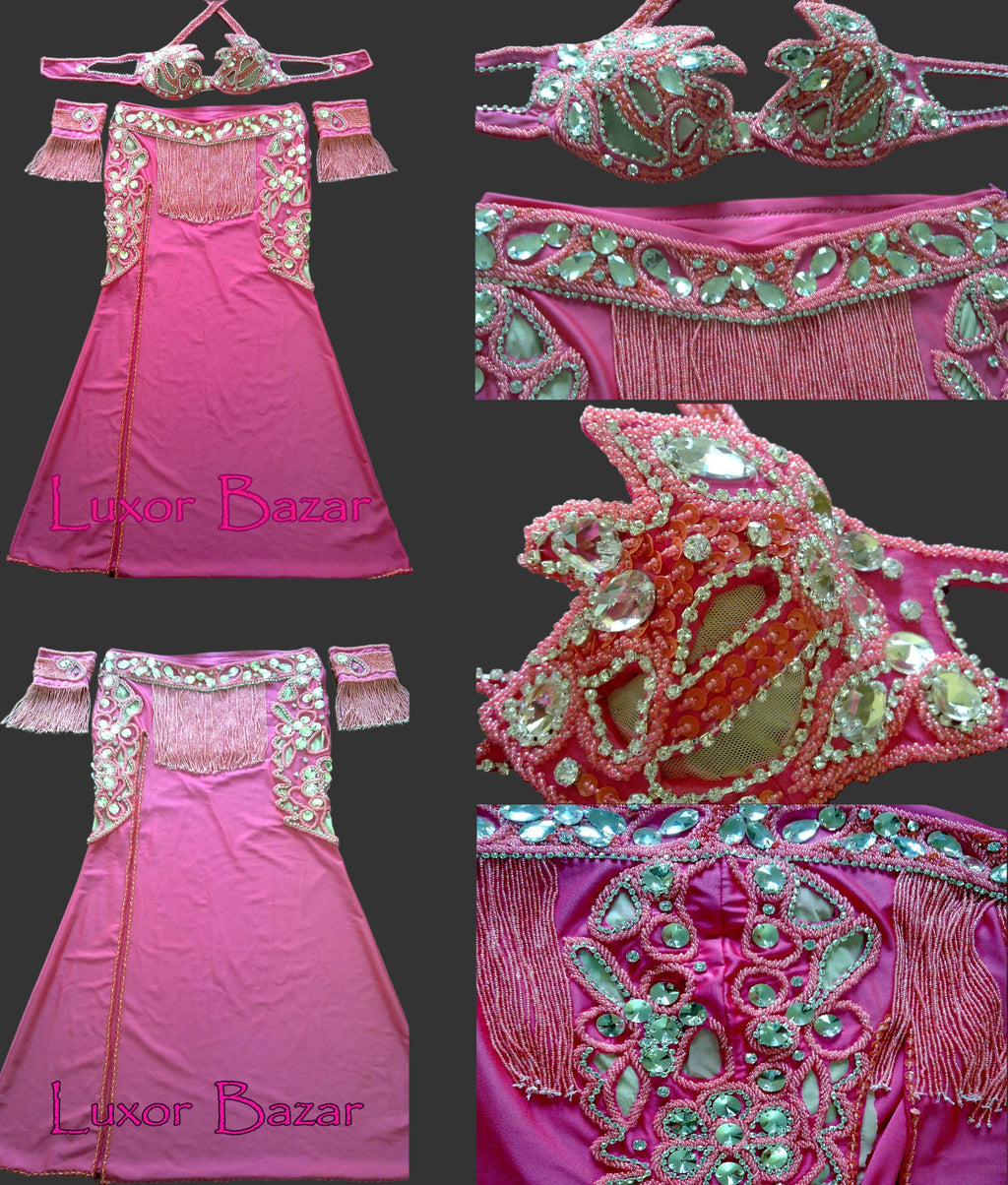 Collage of a pink gown with intricate embellishments and headpiece on a wooden surface, branded 'Luxor Bazar'.