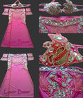 Collage of a pink gown with intricate embellishments and headpiece on a wooden surface, branded 'Luxor Bazar'.