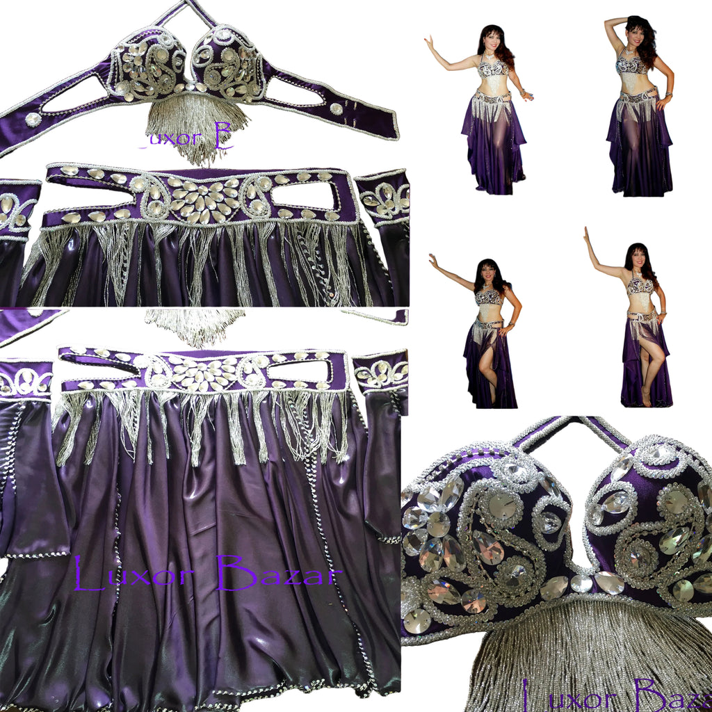 Collage of purple belly dance costume with embellishments and hanger, displayed by a model.