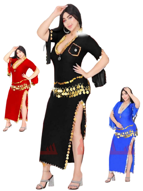 Woman modeling a black and gold dress with inset images of red and blue dresses, branded as Shyam Lingerie Samira Saed.