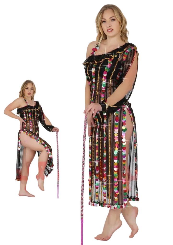 Woman wearing a colorful belly dance dress Saidi galabia set adorned with colorful large sequins.