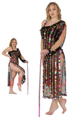 Woman wearing a colorful belly dance dress Saidi galabia set adorned with colorful large sequins.