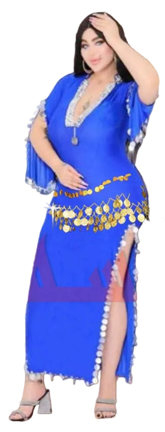 Woman modeling a black and gold dress with inset images of other dresses, set against a decorative background.